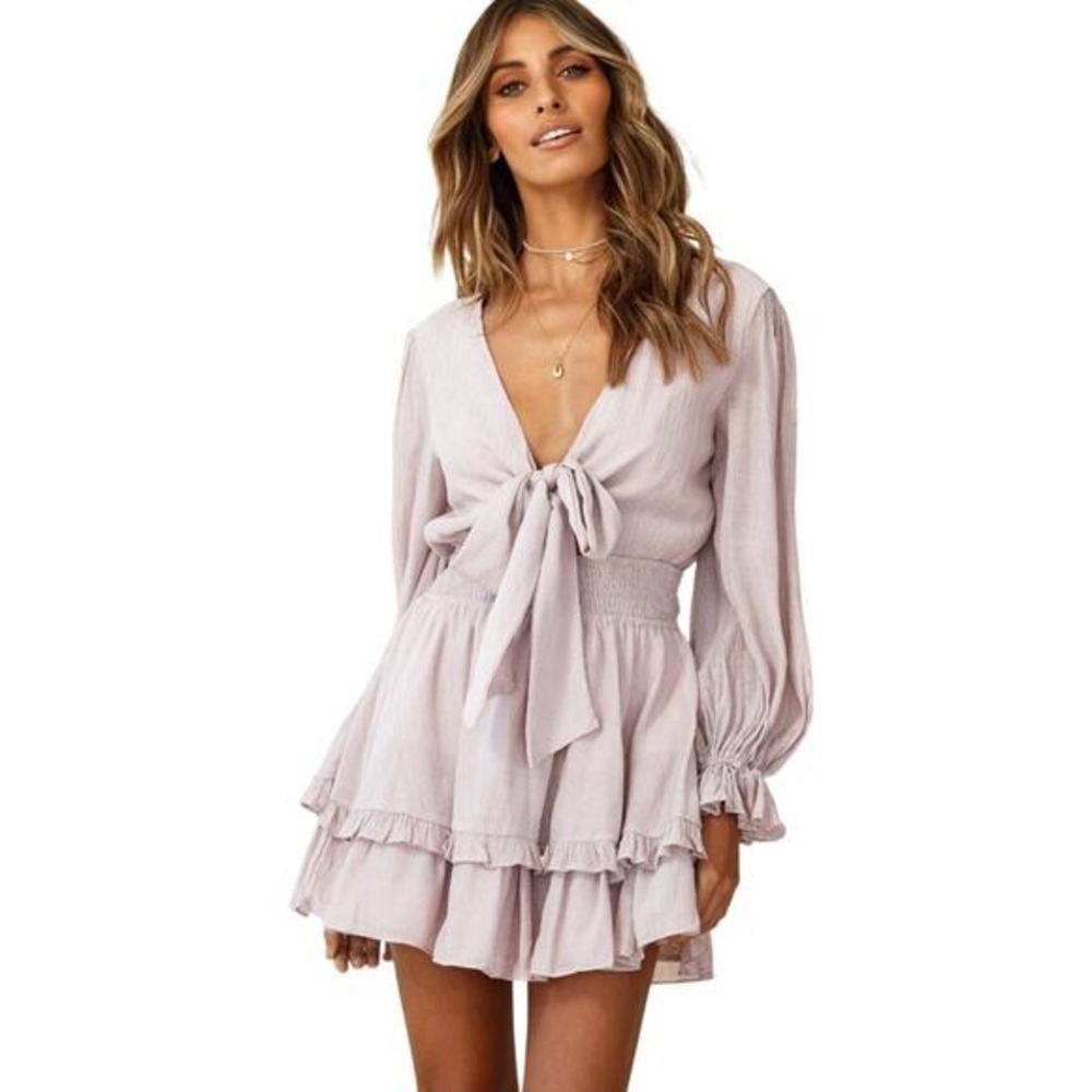 Angel Biba Mauve Ruffle Mini Romper Dress Long Balloon Sleeve Front Tie Small - Picture 6 of 14